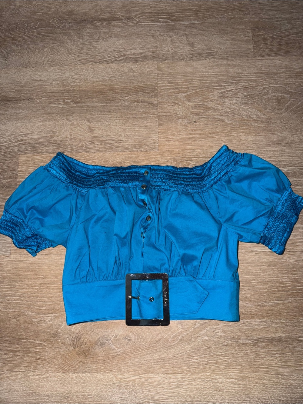 bebe Turquoise Off-Shoulder Crop Top with Statement Belt